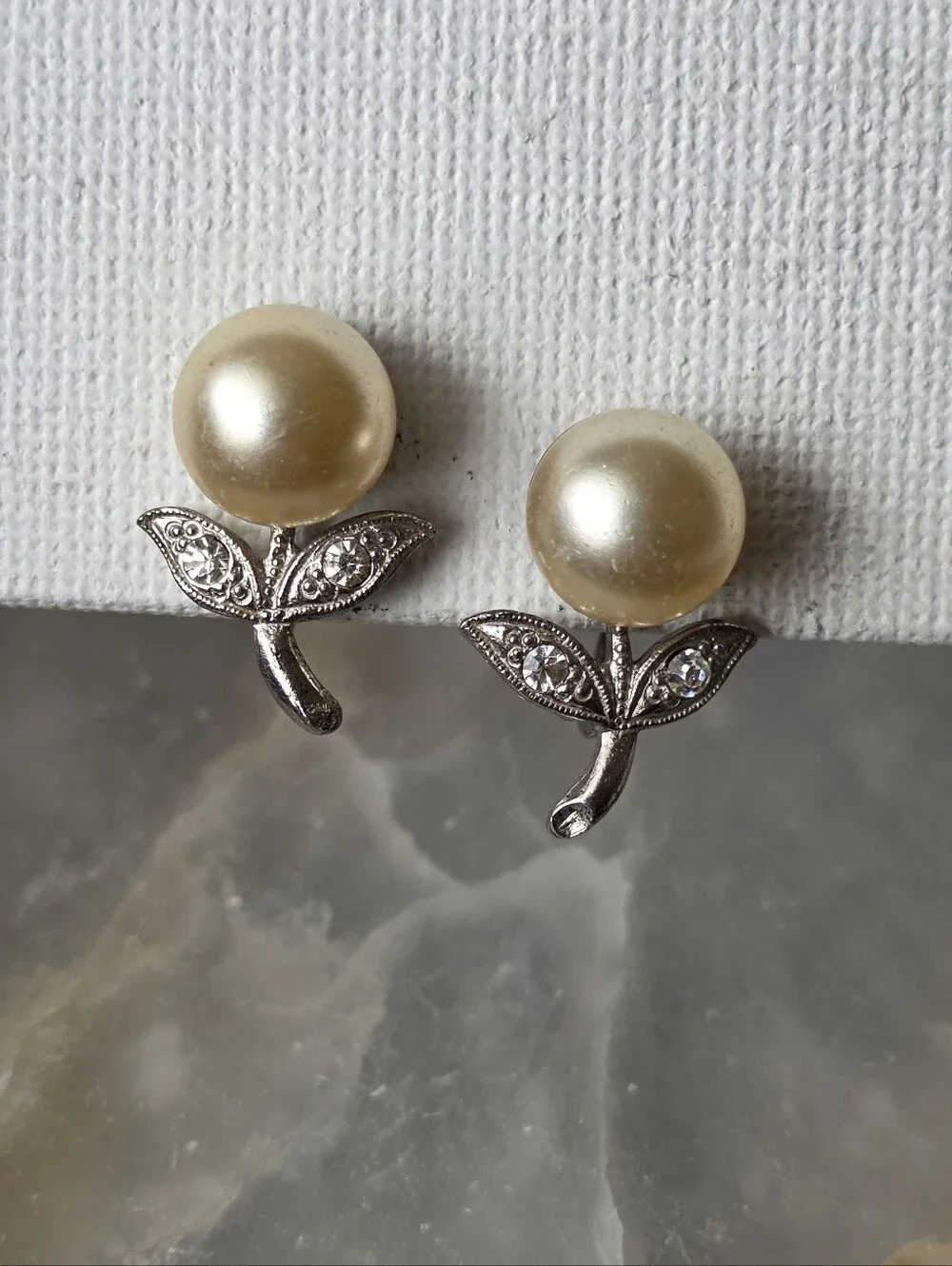 Vintage Sterling Silver Screwback Earrings Faux Pearl And Rhinestone Flower